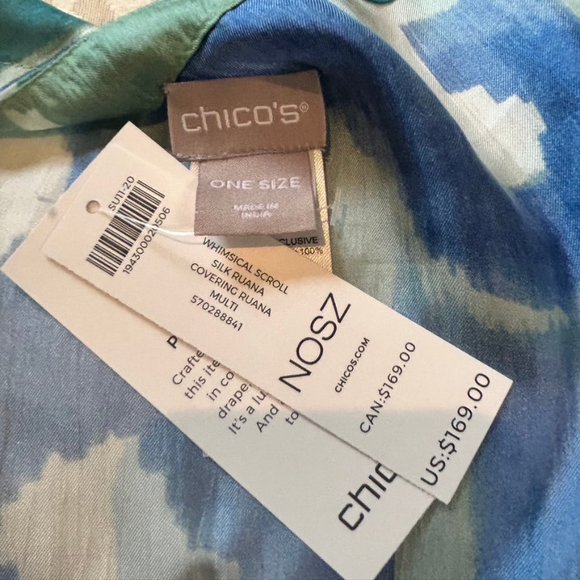 NWT 100% Silk Chico's Whimsical Scroll Ruana OS - Picture 6 of 7